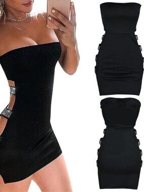 Sleeveless Rhinestone Hollow Pencil Mini Dress, Size M